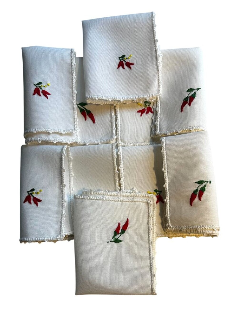 VTG HANDMADE (6) Embroidered Cotton Cocktail Napkins Lace Trim White Red 9x12